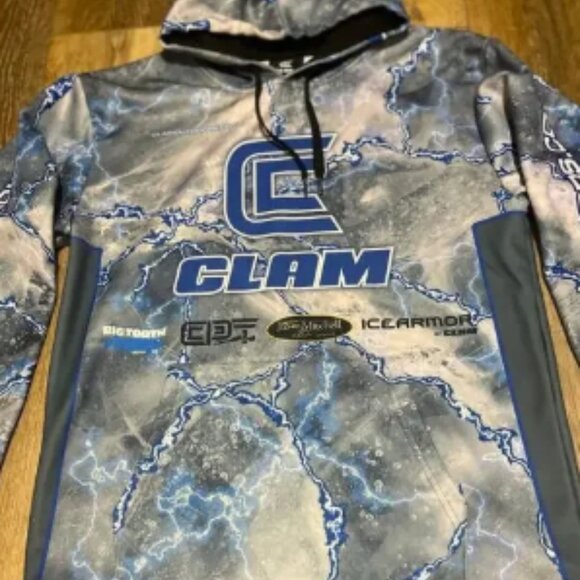 Clam Pro Icearmour Fishing Hoodie Sweatshirt Mens Medium Blue White Outdoorsman - Picture 3 of 9